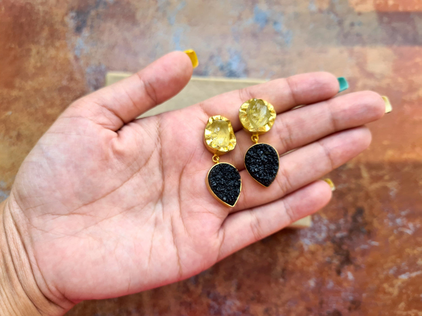 The Enache Yellow Quartz Druzy Earrings TheEnache