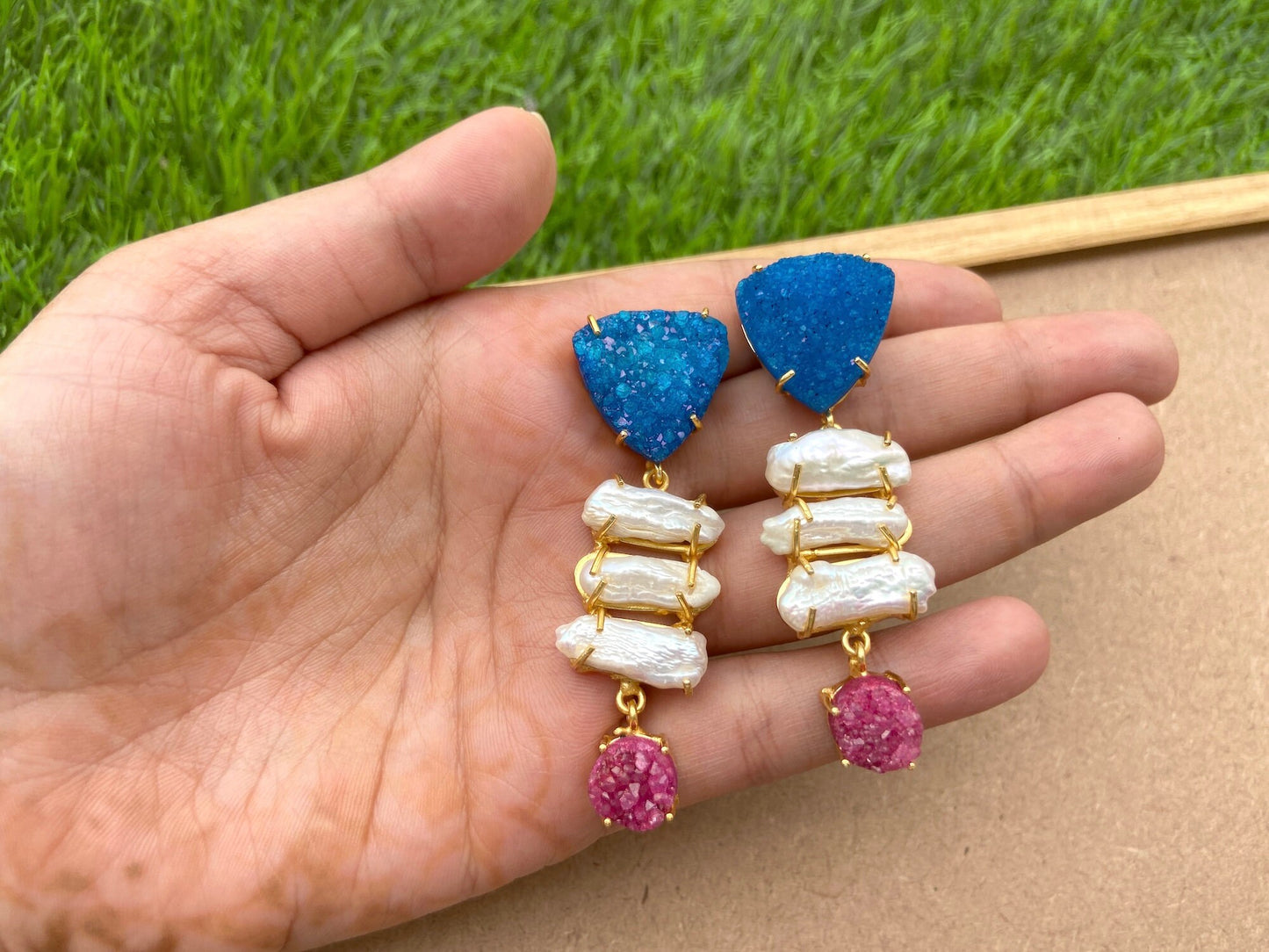 Pink Druzy Pearl Earrings