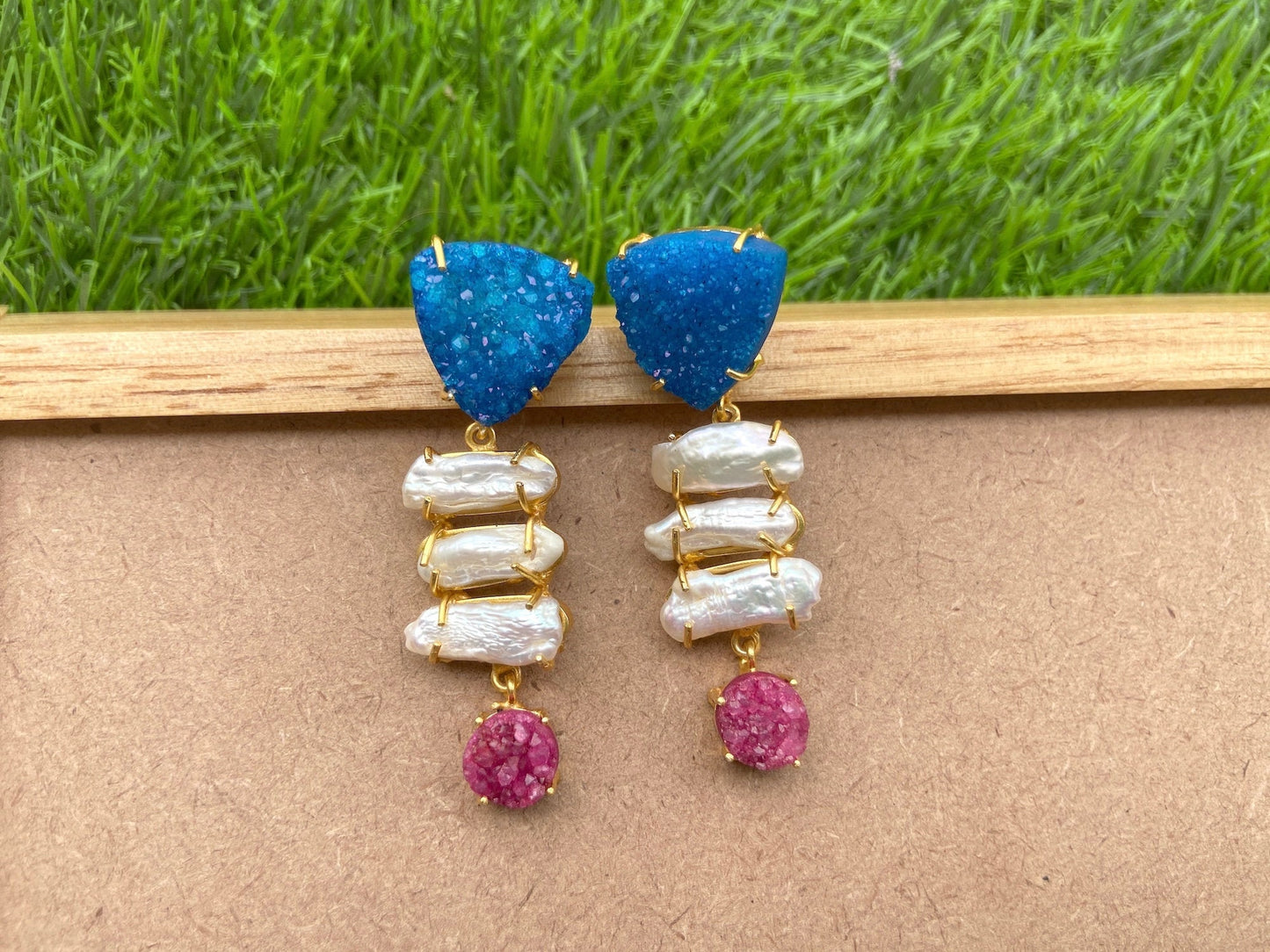 Pink Druzy Pearl Earrings