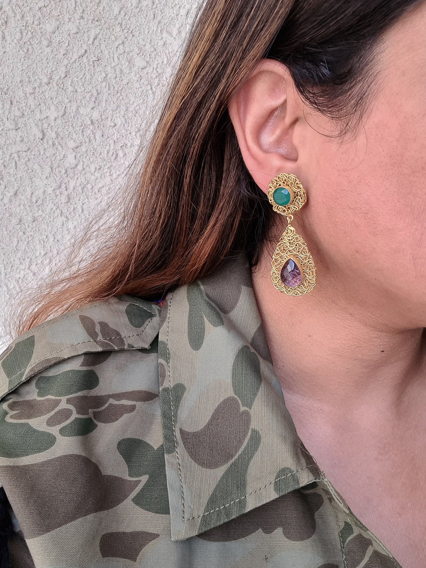 Green Onyx & Amethyst Teardrop Earrings