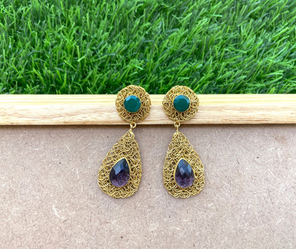 Green Onyx & Amethyst Teardrop Earrings