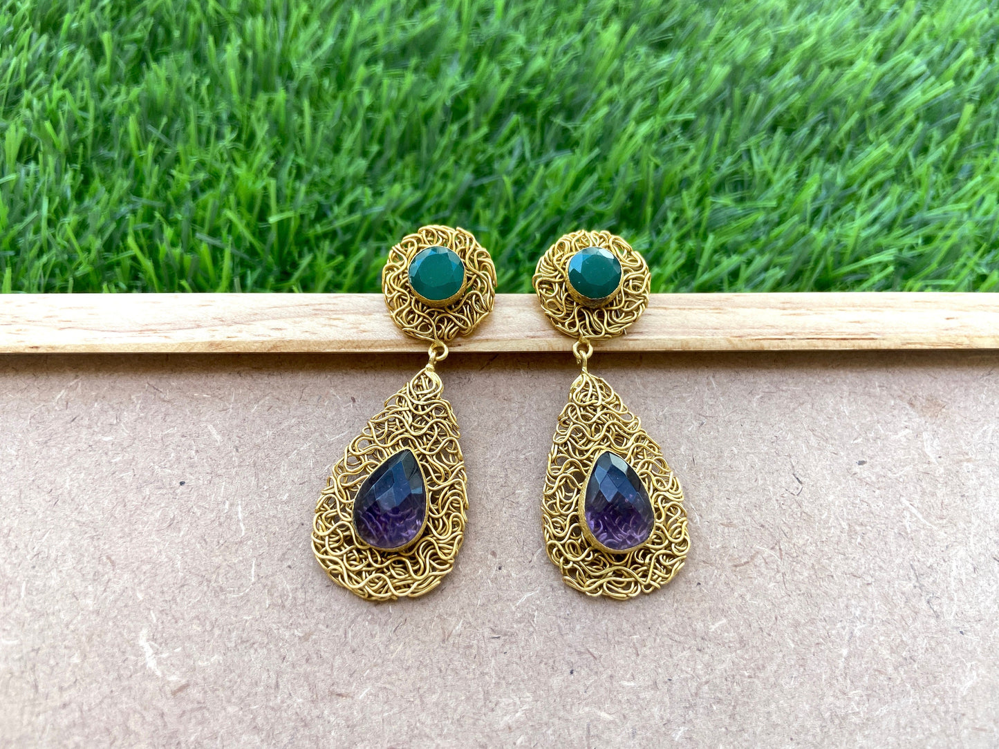 Green Onyx & Amethyst Teardrop Earrings