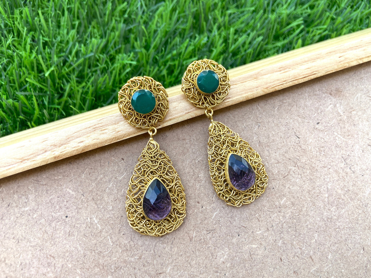 Green Onyx & Amethyst Teardrop Earrings