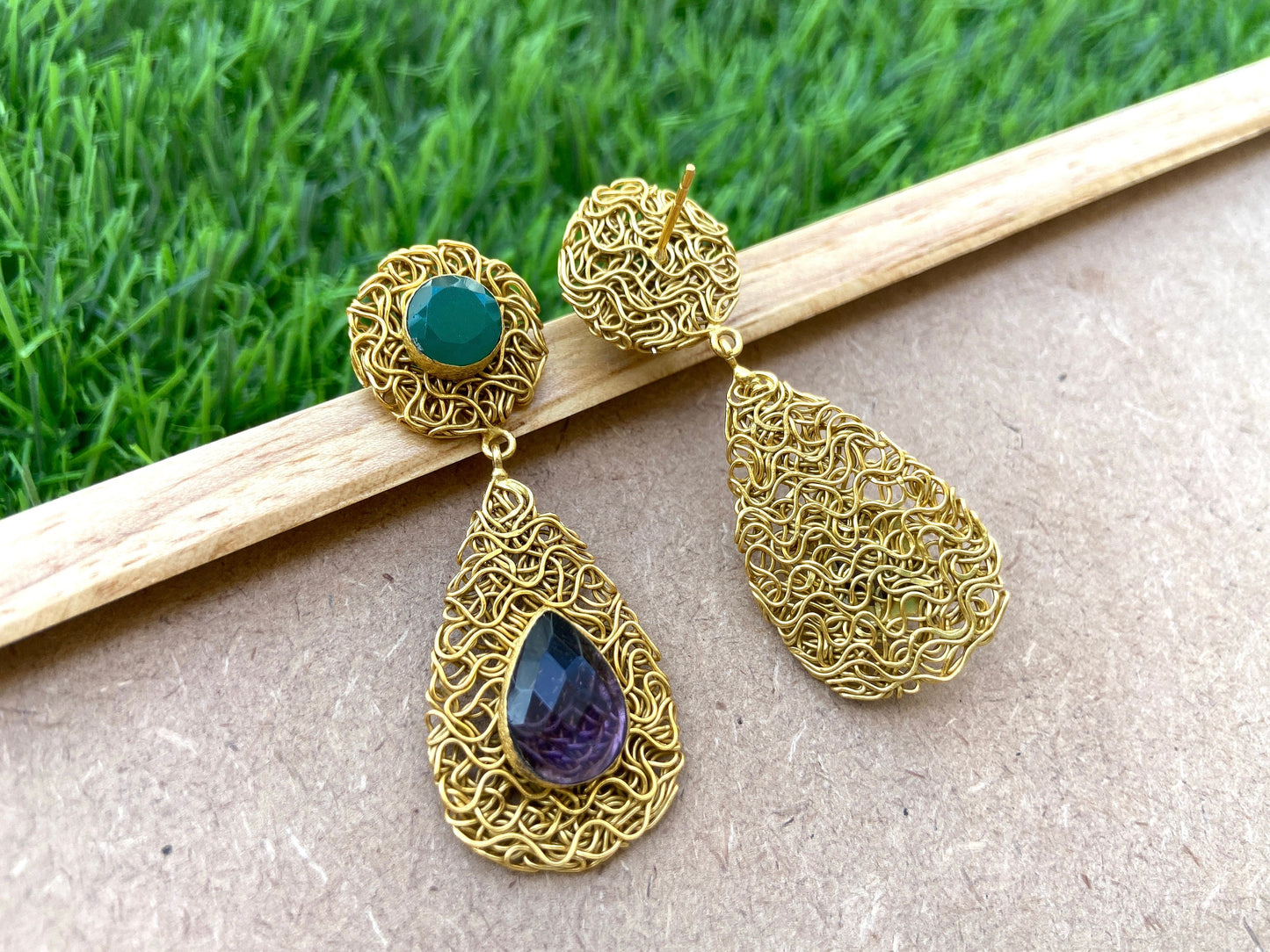 Green Onyx & Amethyst Teardrop Earrings