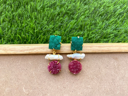 Green & Pink Druzy Earrings