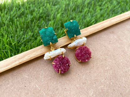 Green & Pink Druzy Earrings