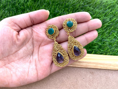 Green Onyx & Amethyst Teardrop Earrings