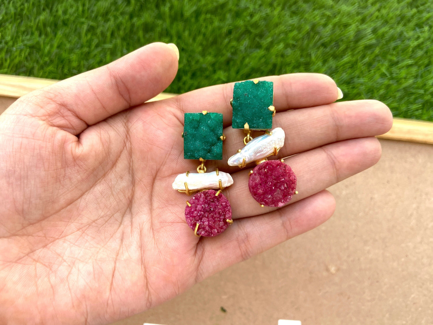 Green & Pink Druzy Earrings