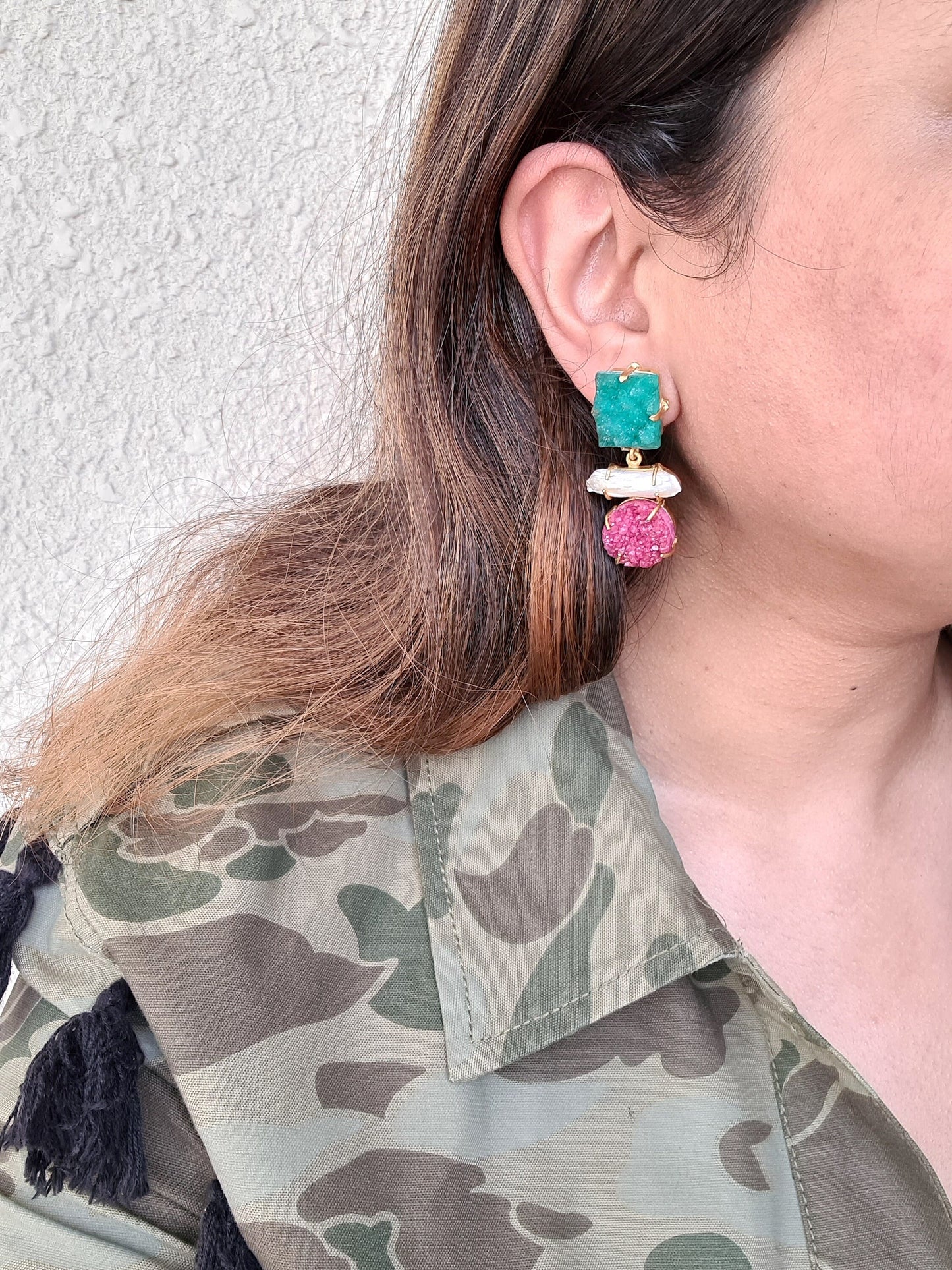 Green & Pink Druzy Earrings