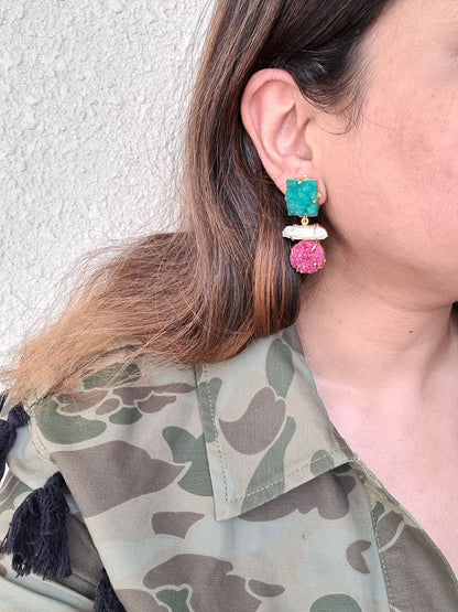 Green & Pink Druzy Earrings