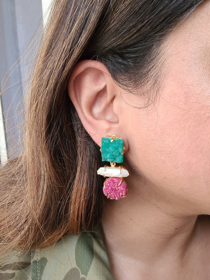 Green & Pink Druzy Earrings