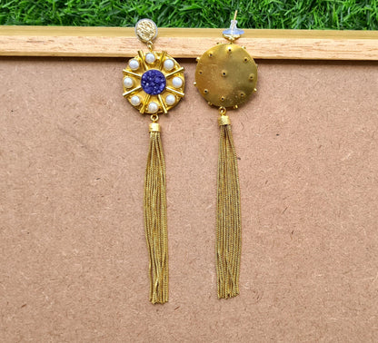 Blue Druzy & Pearl Tassel Earrings