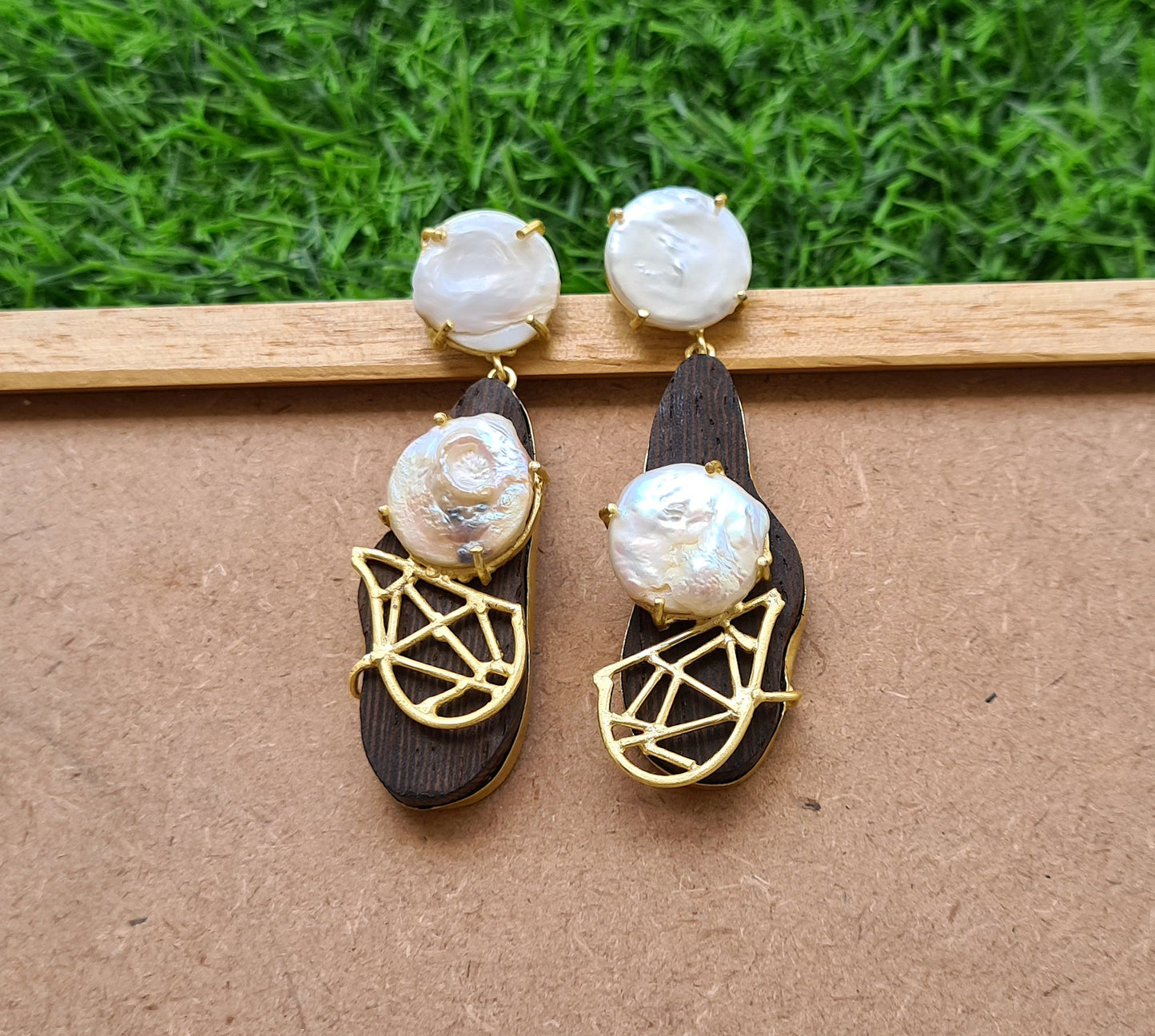 Baroque Pearl Wooden Earrings