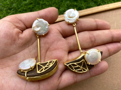 Wooden Pearl Earrings with Filigree