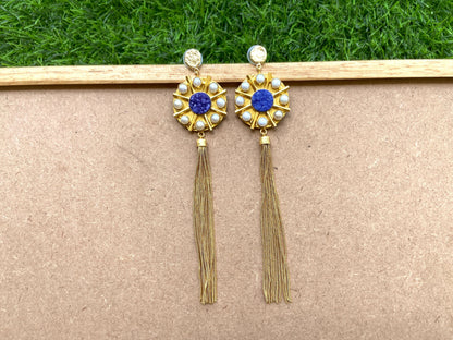 Blue Druzy & Pearl Tassel Earrings