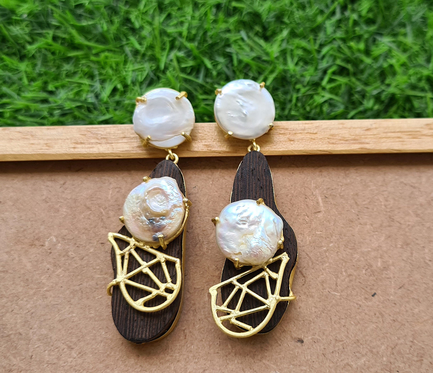 Baroque Pearl Wooden Earrings