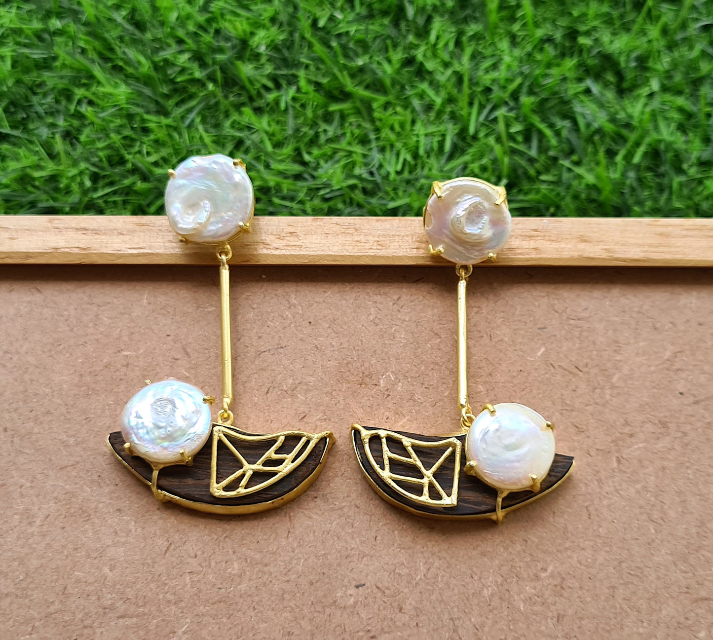 Wooden Pearl Earrings with Filigree