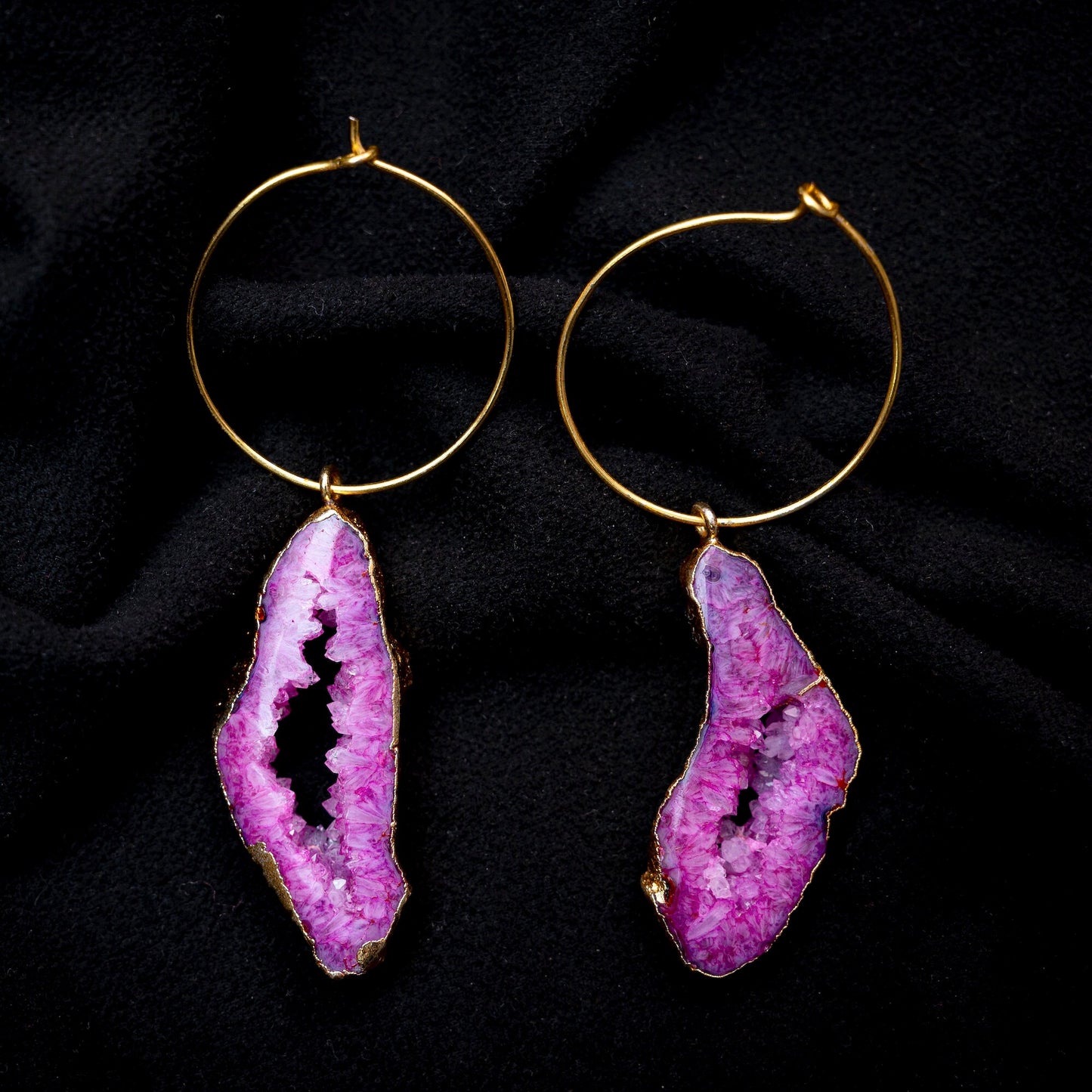 Pink Geode Agate Hoops