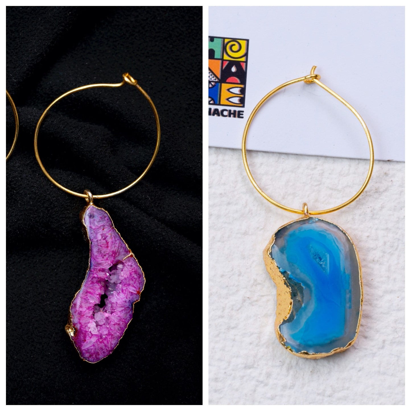 Pink Geode Agate Hoops