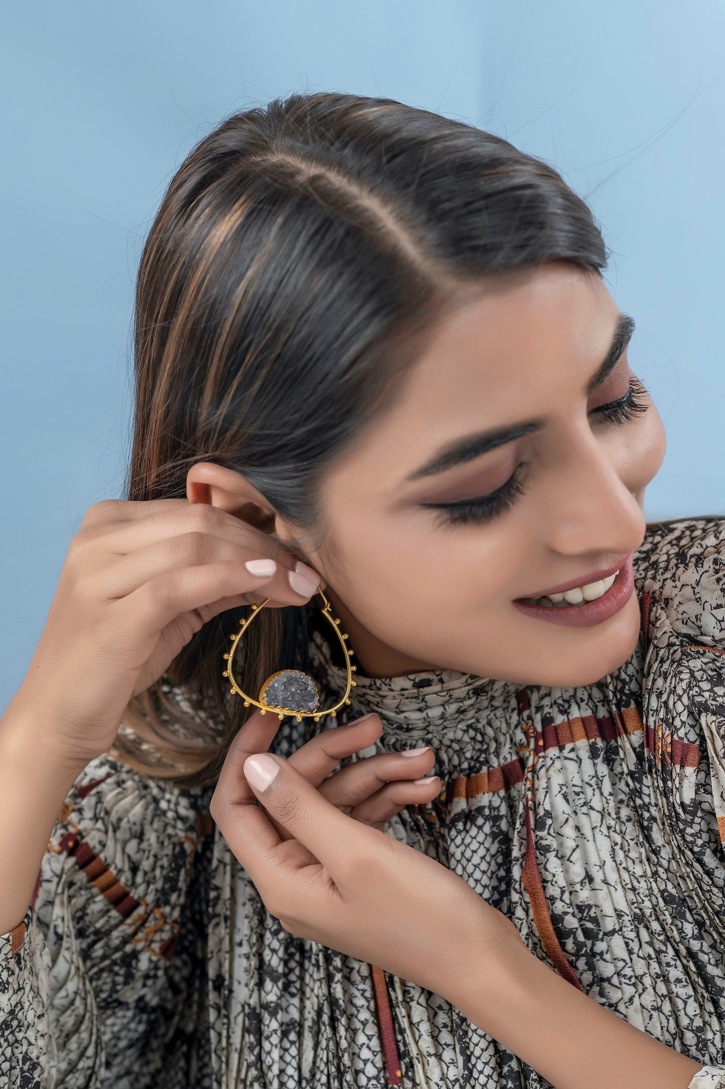 Gray Druzy Triangle Hoops