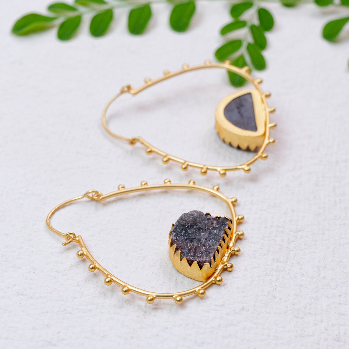 Gray Druzy Triangle Hoops