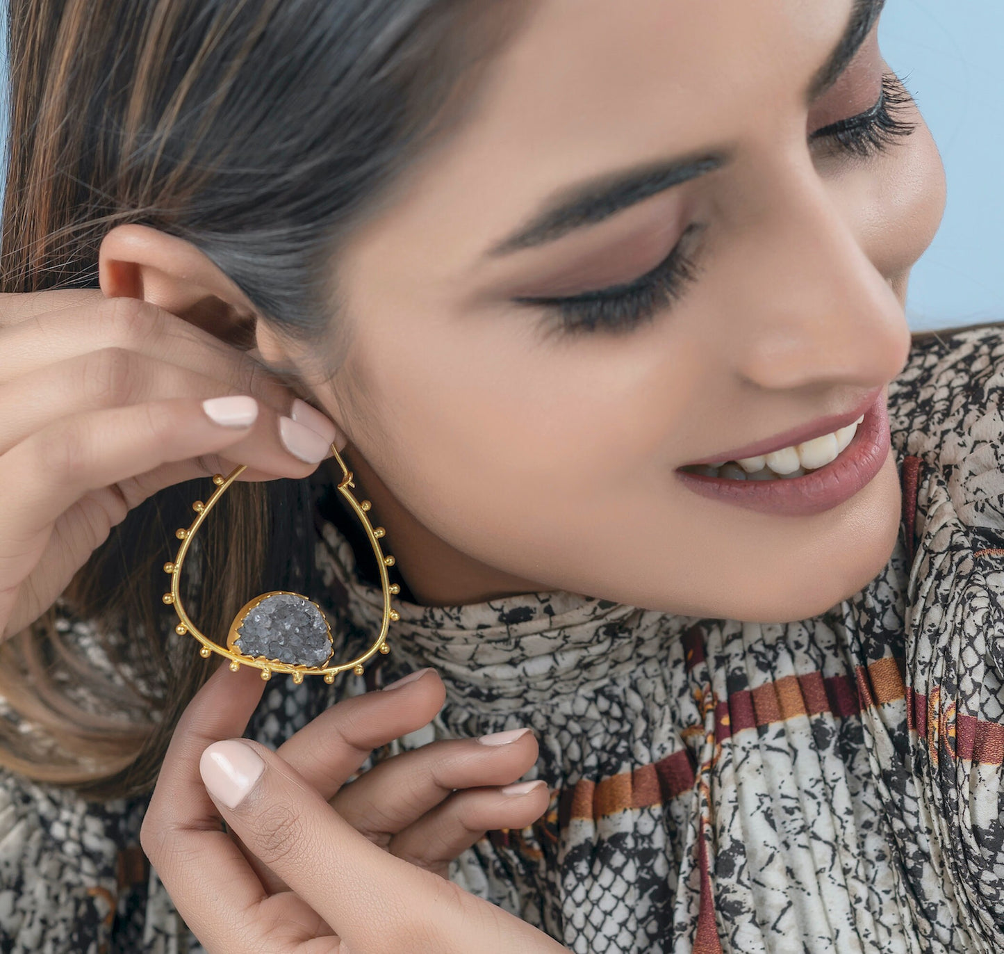 Gray Druzy Triangle Hoops