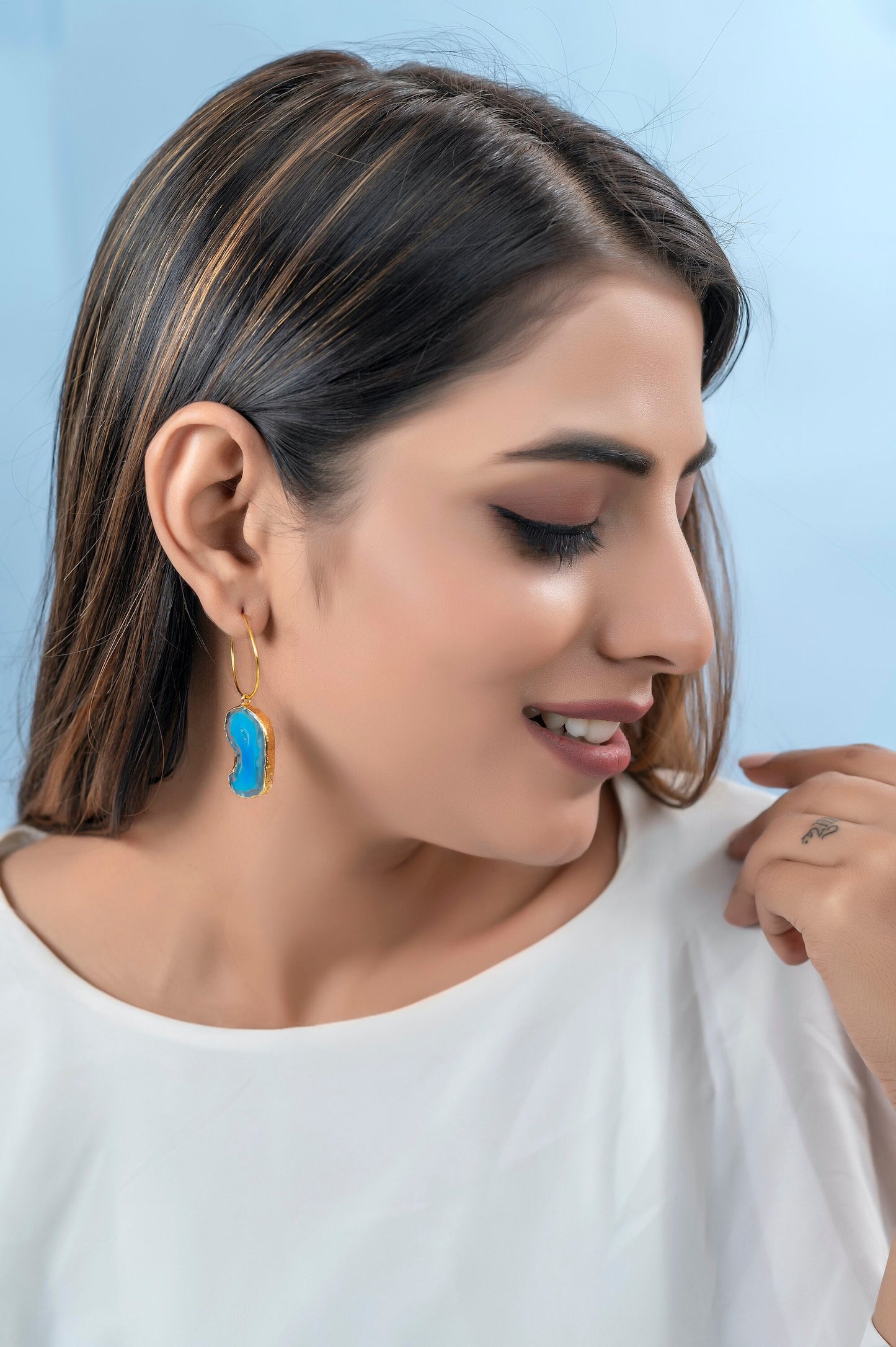 Blue Druzy Hoop Earrings