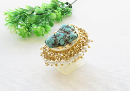 Blue Turquoise Pearl Ring