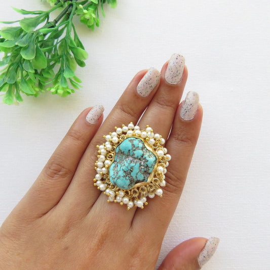 Blue Turquoise Pearl Ring