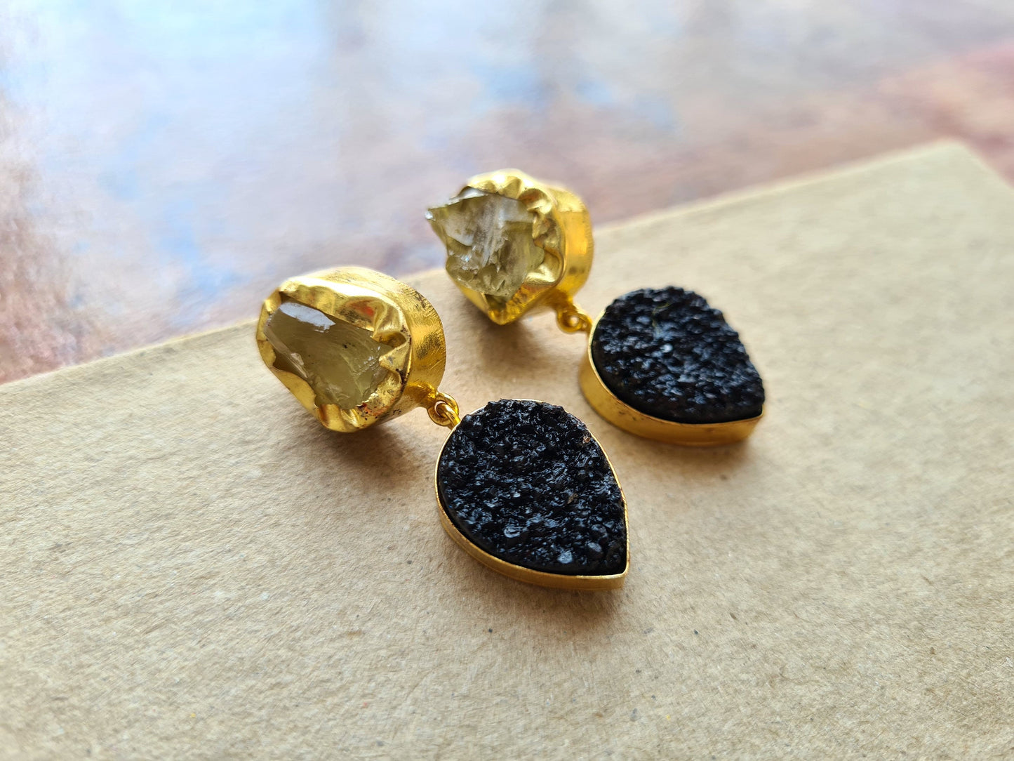 Yellow Quartz Druzy Earrings