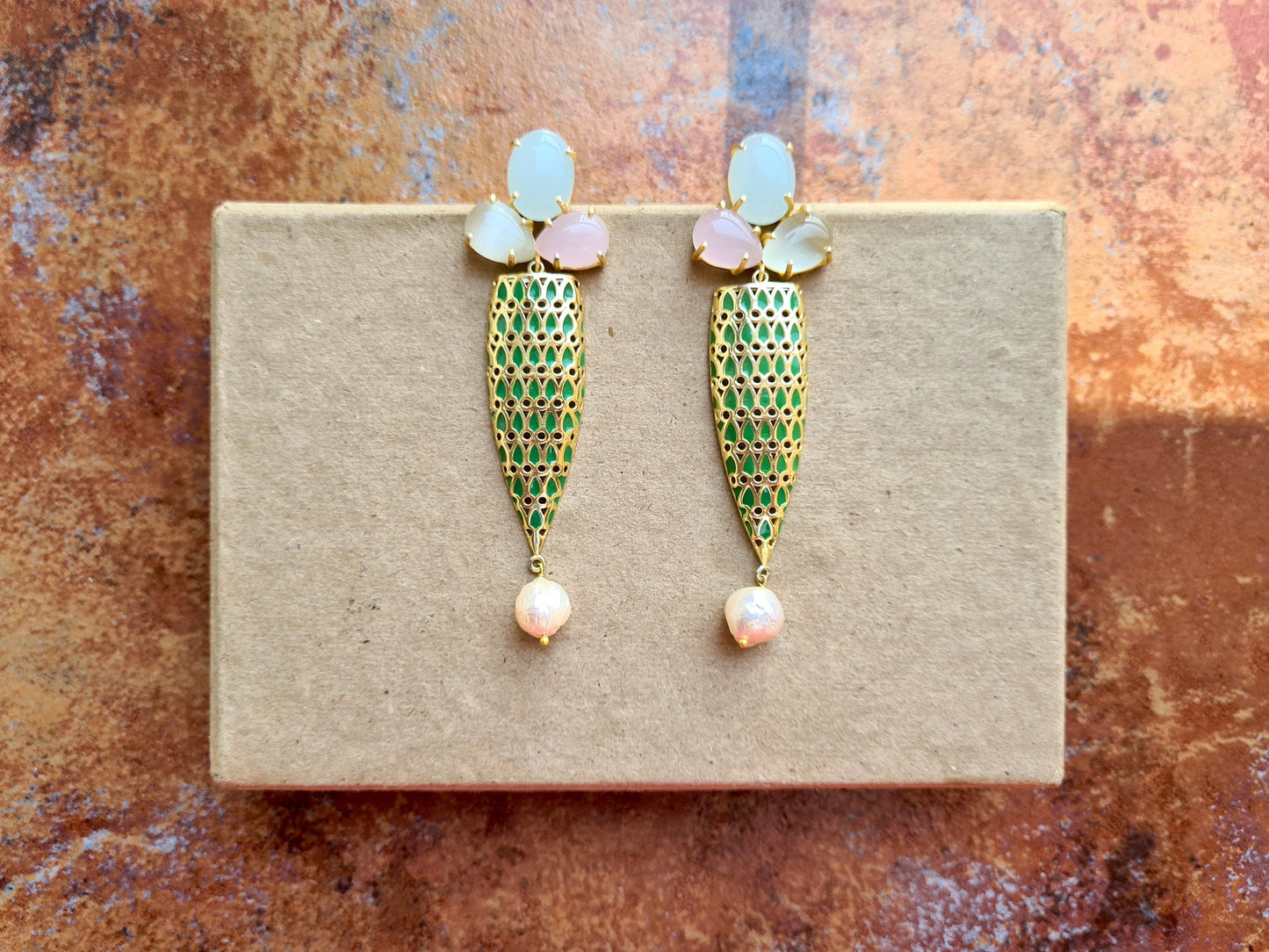 Green Enamel Cluster Earrings