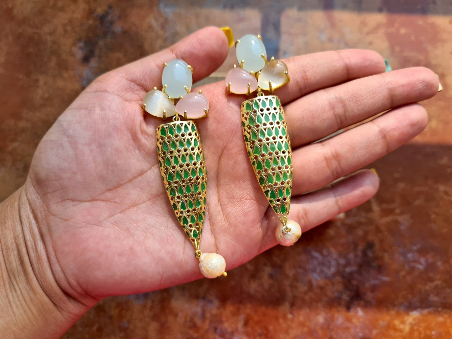 Green Enamel Cluster Earrings