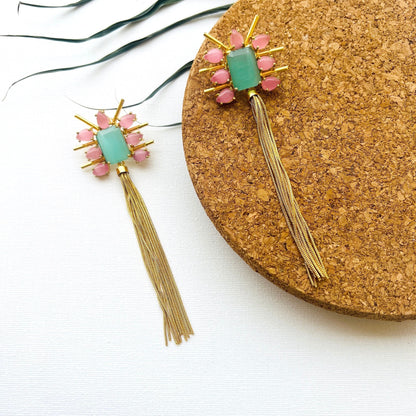 Pink Green Tassel Earrings