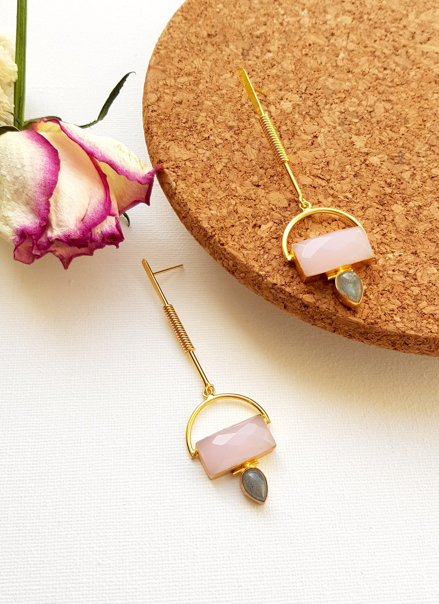 Wire Wrapped Pink Rose Quartz Labradorite Dangles