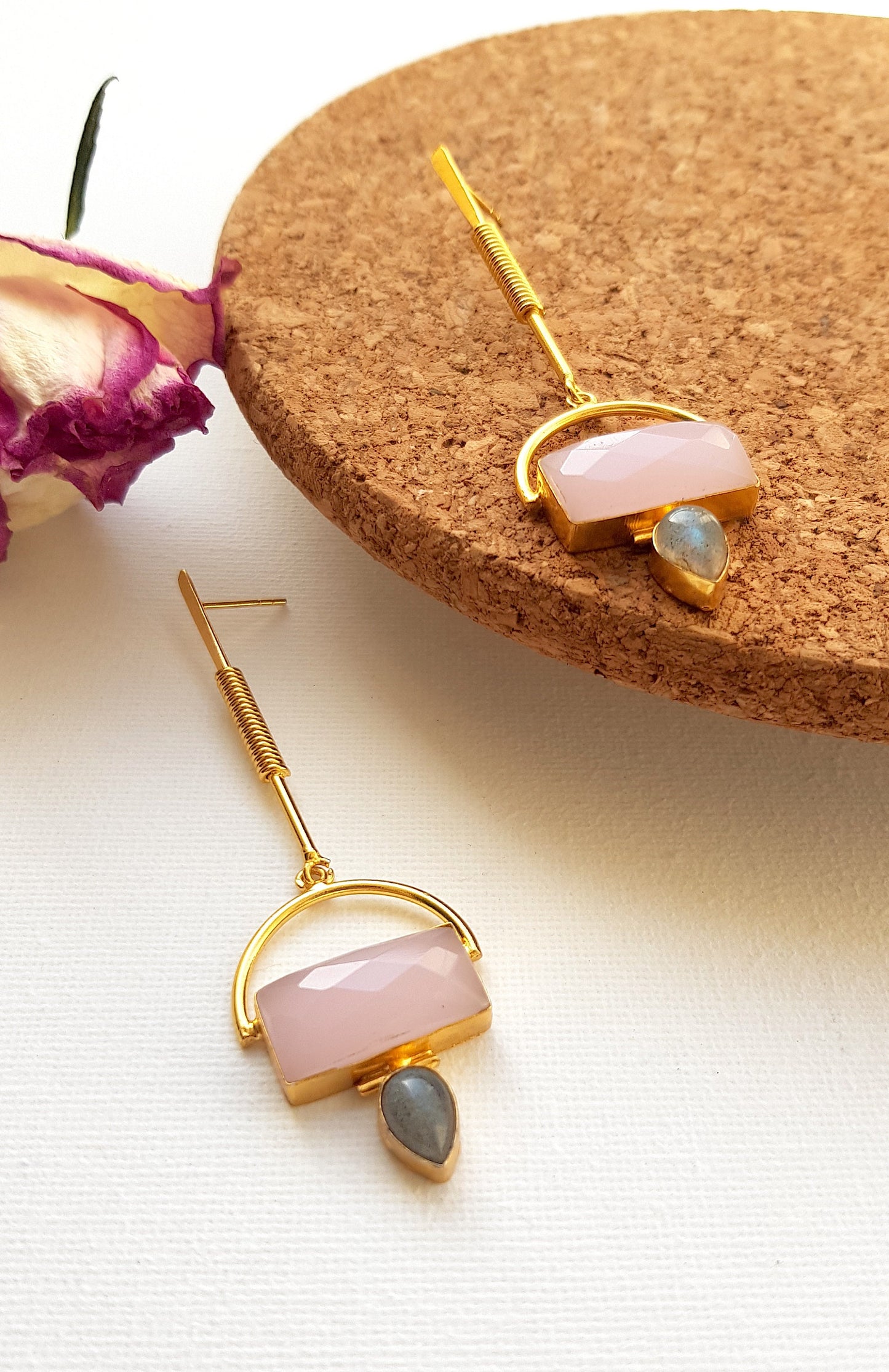 Wire Wrapped Pink Rose Quartz Labradorite Dangles