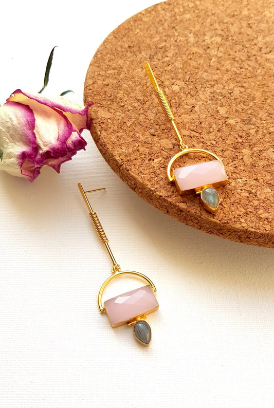 Wire Wrapped Pink Rose Quartz Labradorite Dangles