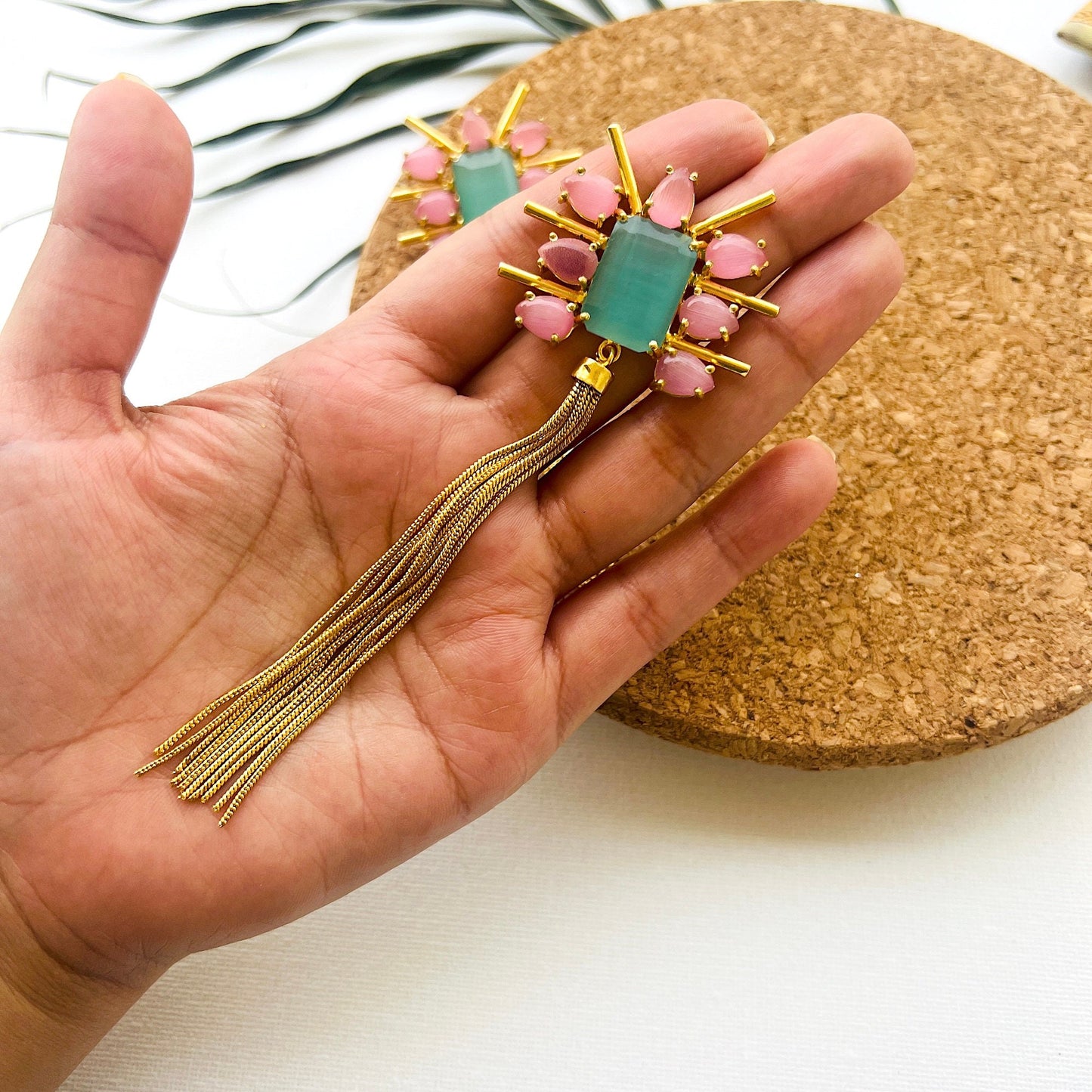 Pink Green Tassel Earrings