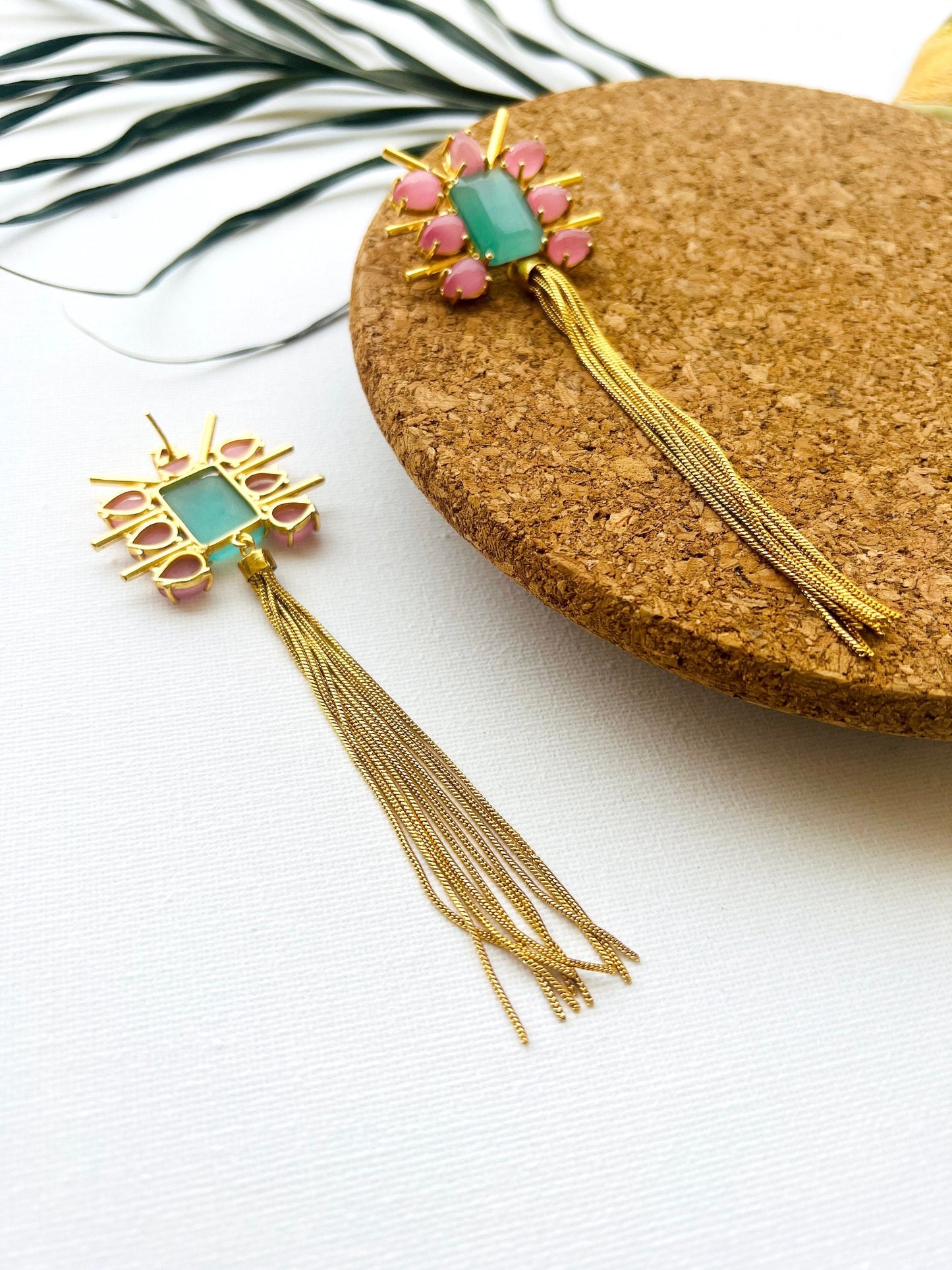 Pink Aqua Tassel Earrings