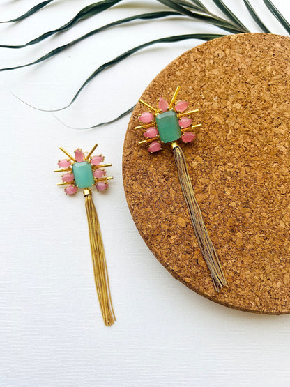 Pink Green Tassel Earrings