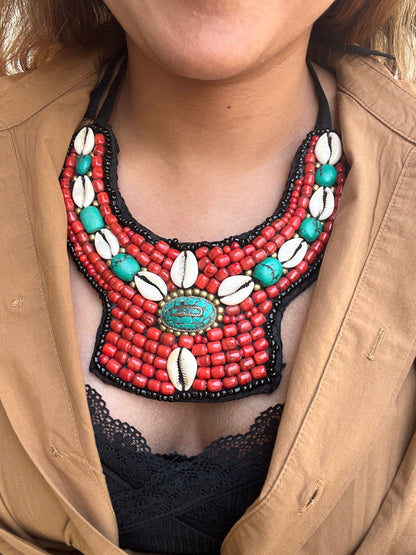 Coral & Turquoise Cowrie Necklace