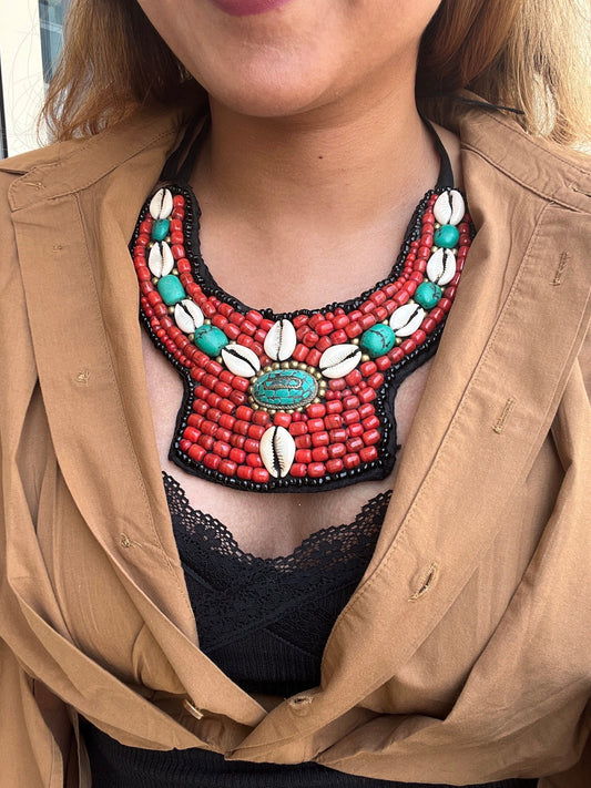 Coral & Turquoise Cowrie Necklace