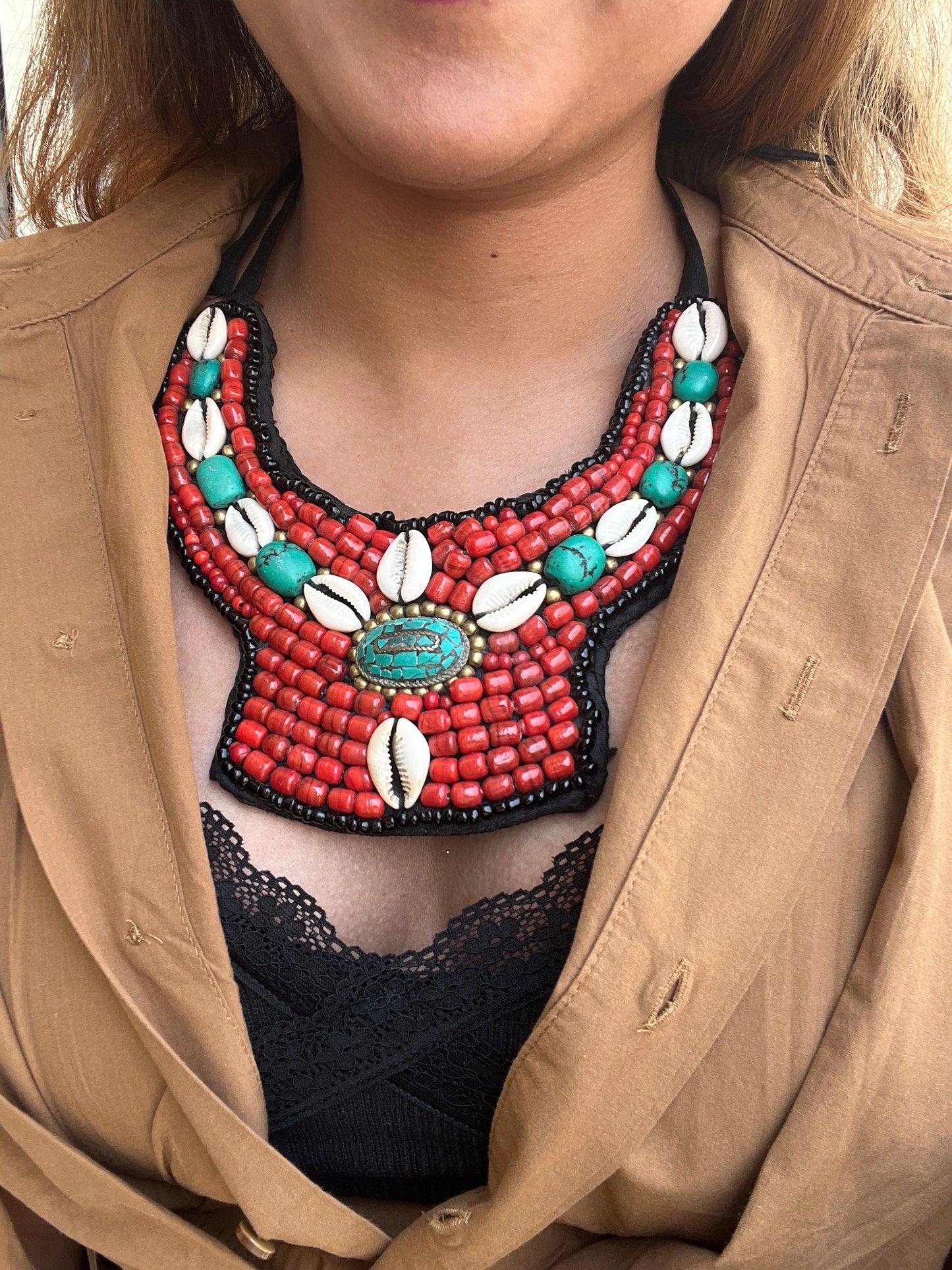 Coral & Turquoise Cowrie Necklace