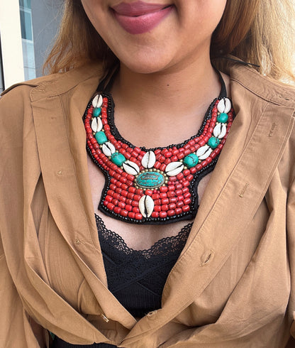 Coral & Turquoise Cowrie Necklace