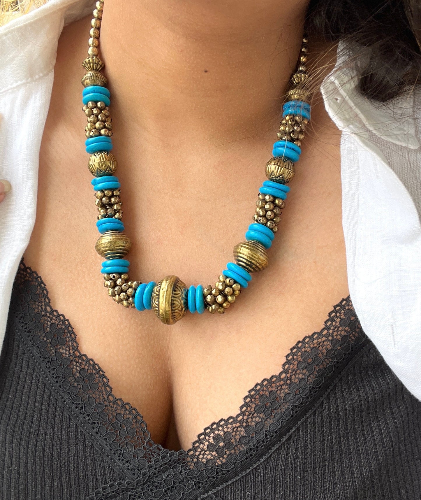 Turquoise Gold Bib Necklace