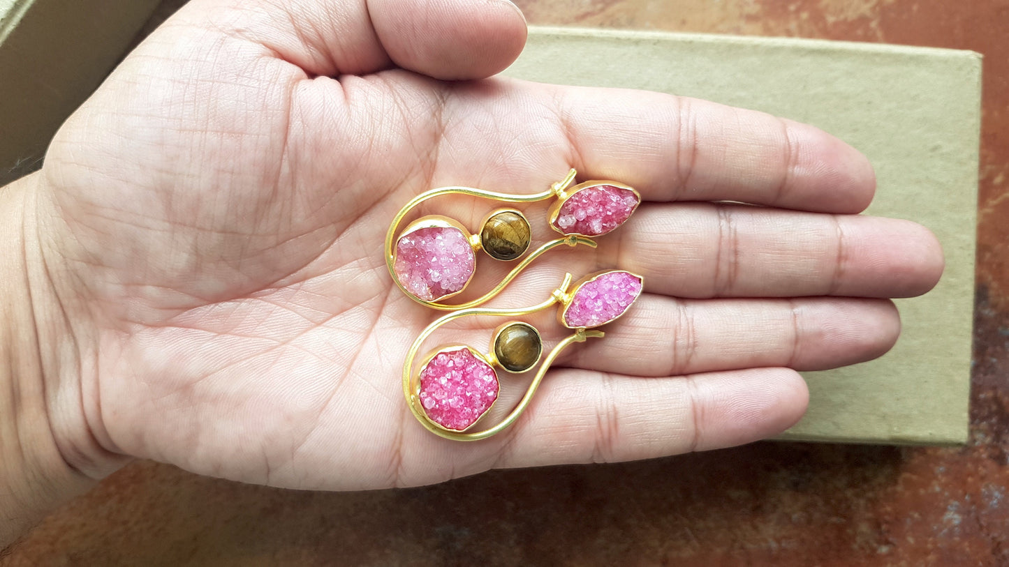 Tiger's Eye Pink Druzy Earrings