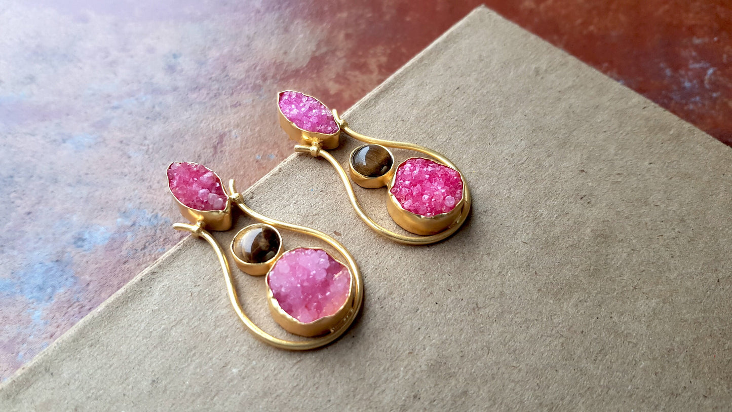 Tiger's Eye Pink Druzy Earrings