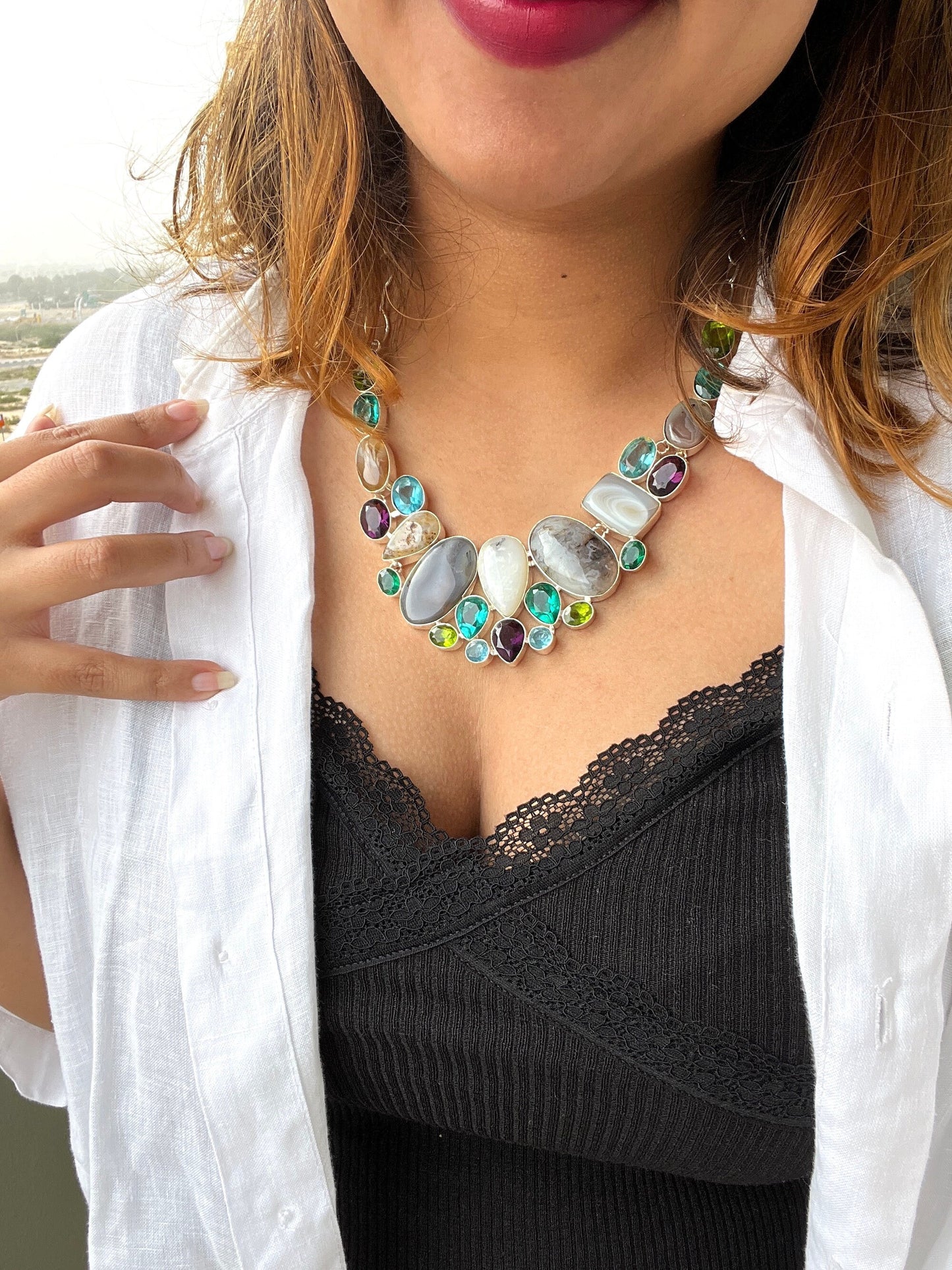 White Gray Jasper Multi Stone Bib Necklace