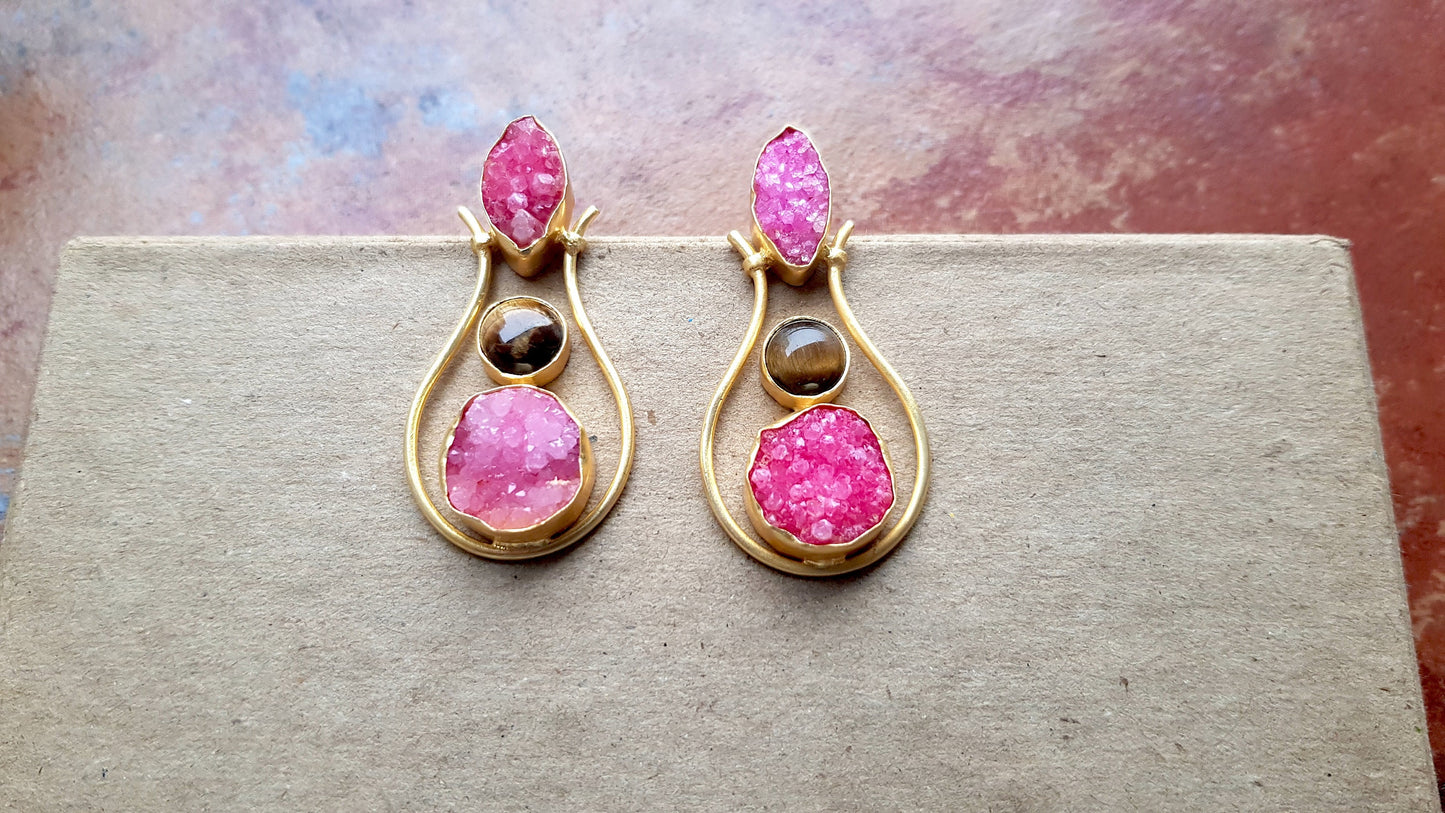 Tiger's Eye Pink Druzy Earrings