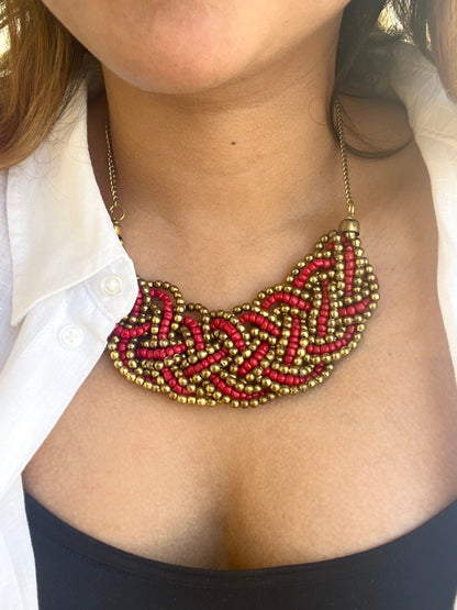 Red Gold Beaded Statement Necklace