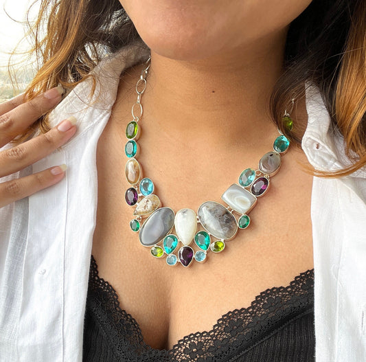 White Gray Jasper Multi Stone Bib Necklace